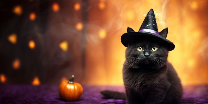 An enigmatic black cat wears a charming witch hat against a vivid violet and orange backdrop, accompanied by a playful pumpkin