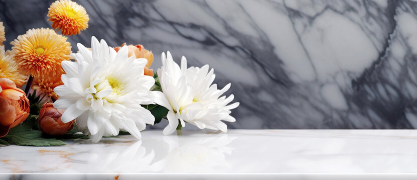 Beautiful white flowers, chrysanthemums, over marble background. Bouquet of flowers at cemetery , funeral concept. - Powered by Adobe