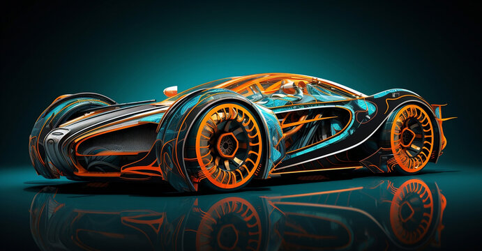 A futuristic electric sports car. Alien colorful design. Orange and dark teal. Generative AI