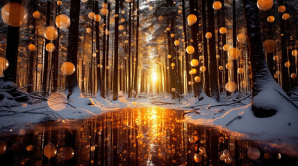 Sunlit Forest Stream in Snow-Covered Forest - Winter Wonderland