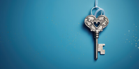 silver heart key on blue background