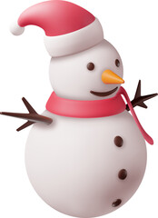 3D White Snowman in Santa Hat and Scarf