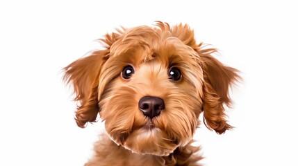 Funny head shot of cute red Cobberdog puppy, standing facing front. Looking curious towards camera. Isolated on white background. Tongue out