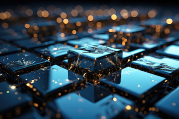 A chain of interconnected blocks with encrypted information, representing the decentralized and secure nature of blockchain. Generative Ai.