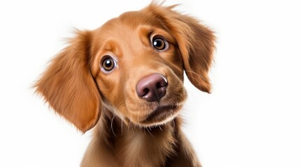 Funny head shot of cute red Cobberdog puppy, standing facing front. Looking curious towards camera. Isolated on white background. Tongue out
