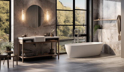 Interior design of spacious bath room decorated with large window displaying scenic view