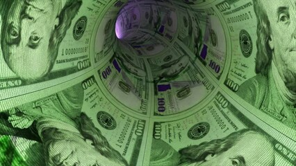 Finance and investment concept. Tunnel of money, dollars towards light. Cash Flow. 3d animation of a seamless loop - Powered by Adobe