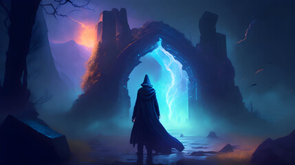 A cloaked figure stands beside a glowing portal, which emits a mystical energy. The figure seems to be preparing to enter the portal. Location: a ruined castle. Random item: a broken hourglass. Weathe