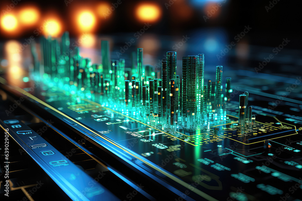 Poster artificial intelligence analyzing data on a digital screen, highlighting the power of technology in 