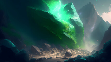 Obrazy na Plexi  A massive boulder explodes, sending rocks and debris tumbling down the mountainside. A mystical green aura emanates from the shattered fragments