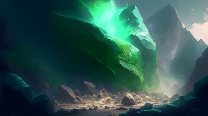 Fotobehang A massive boulder explodes, sending rocks and debris tumbling down the mountainside. A mystical green aura emanates from the shattered fragments © Дмитро Синятинський