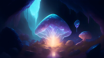 A mysterious crystal begins to glow brighter and brighter until it explodes, revealing a dazzling display of light and energy. The location is a dark cave with glowing mushrooms and crystals lining th - obrazy, fototapety, plakaty