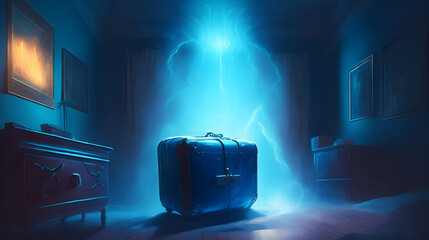 A mysterious suitcase suddenly explodes, sending its contents flying through the air. A glowing blue light emanates from the suitcase, filling the room with a strange energy. The location is a dimly l - obrazy, fototapety, plakaty