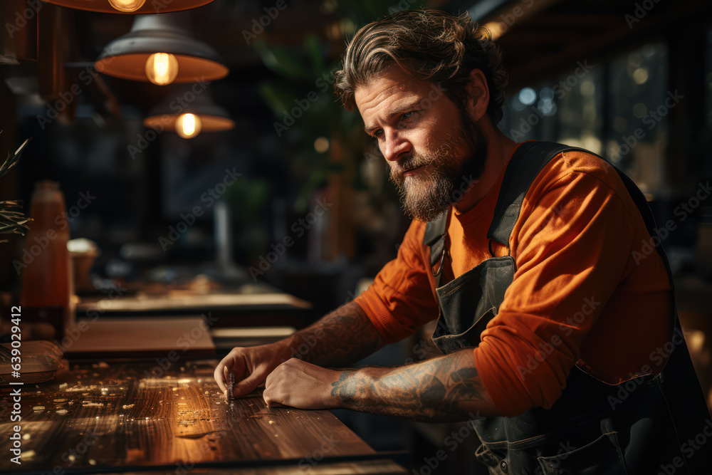 Poster a carpenter working with wood. the concept of working with wood, working in a sawmill. generative ai