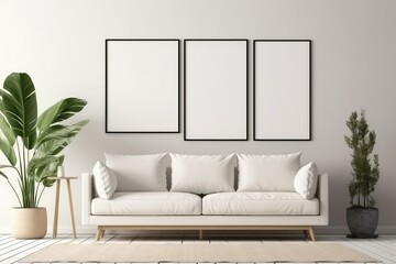 Blank frame picture in modern living room with sofa
