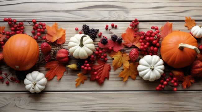 Autumn frame decor from pumpkins, berries and leaves on a white wooden background. Concept of Thanksgiving day or Halloween. Flat lay autumn composition with copy space.