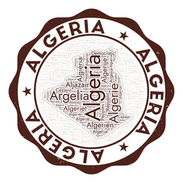 Algeria logo. Awesome country badge with word cloud in shape of Algeria. Round emblem with country name. Amazing vector illustration.