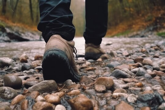 Close up a persons feet walking on rocks