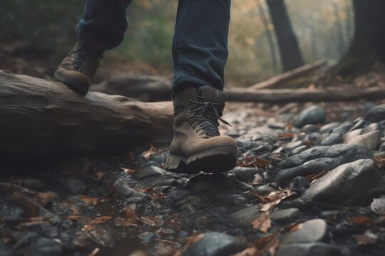 Close up a persons feet walking on rocks