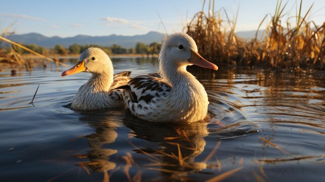 Duck swimming in the lake at sunset. Beautiful duck on the lake.