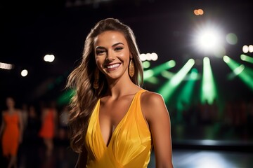 beautiful young woman in yellow dress dancing on stage with disco lights
