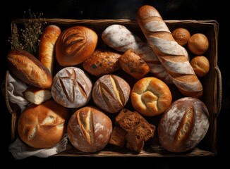 Different kind of natural breads. Fresh loafs of bread in the blue basket with ears of rye and wheat on a black background. Crunchy french baguettes. Soft focus style, closeup,