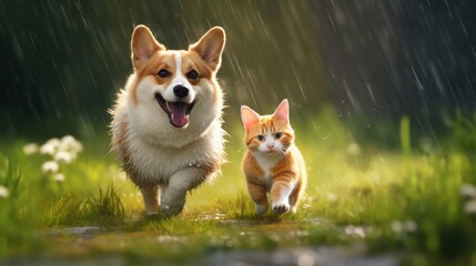 Naklejka na ściany i meble Furry friends red cat and corgi dog walking in a summer meadow under the drops of warm rain