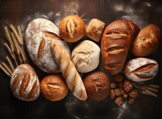 Different kind of natural breads. Fresh loafs of bread in the blue basket with ears of rye and wheat on a black background. Crunchy french baguettes. Soft focus style, closeup,