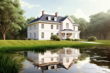 Classic house exterior with pond and landscape