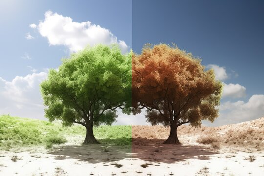 Climate change concept. Tree in two parts