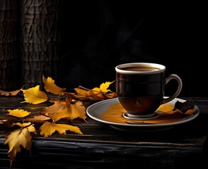 Autumn composition still life. Woman's hands with cup of coffee, cappuccino, latte coffee. autumn leaves, craft envelope and paper with eriitern Hello Autumn phrase on vintage background. Hot drink.