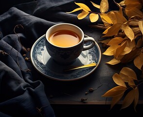 Autumn composition still life. Woman's hands with cup of coffee, cappuccino, latte coffee. autumn leaves, craft envelope and paper with eriitern Hello Autumn phrase on vintage background. Hot drink.