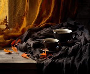 Autumn composition still life. Woman's hands with cup of coffee, cappuccino, latte coffee. autumn leaves, craft envelope and paper with eriitern Hello Autumn phrase on vintage background. Hot drink.