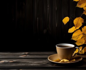 Autumn composition still life. Woman's hands with cup of coffee, cappuccino, latte coffee. autumn leaves, craft envelope and paper with eriitern Hello Autumn phrase on vintage background. Hot drink.