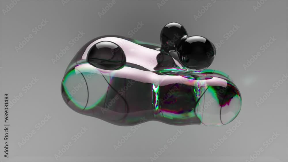 Poster Dark liquid moves inside a transparent gel clot on an abstract background. Rainbow. Bubbles 3d animation seamless loop