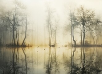 Fototapeta premium Fog bare trees are reflected in the river. Autumn rainy weather.