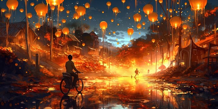 Man on bicycle in a land full of lanterns, digital art style, illustration painting