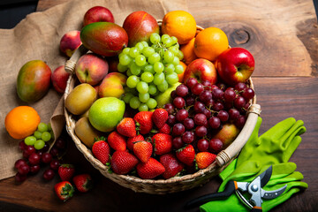 Close-up of Just picked organic fresh fruit assortment in a basket