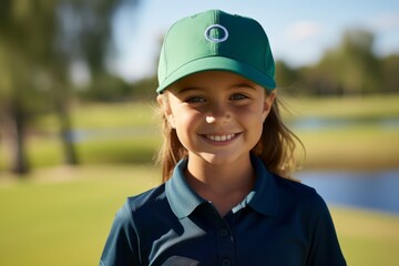 Portrait of a smiling little girl with cap on the golf course