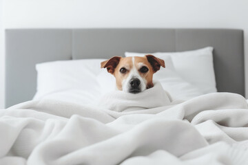 Cute funny puppy on white bed at home in morning. Playful dog peeking out from under white blanket