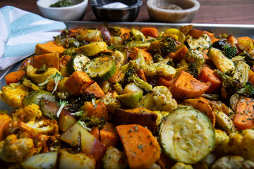 A mixed of Roasted vegetables background on a Baking Sheet