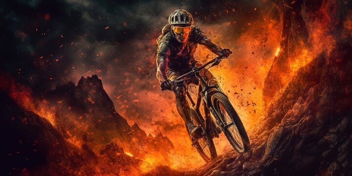 Man riding a mountain bike with burning fire on dark background, digital art style, illustration painting