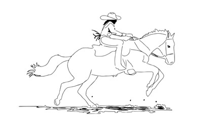 Person in mask and hat rides a horse. One line. Sketch. Cowboy, rodeo. Wild West. Rider or female rider in a horse race. Runaway Bandit. Equestrian sport competition. Dynamic isolated vector
