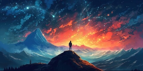 Man standing on cliff looking mountains view with starry sky, digital art style, illustration painting - obrazy, fototapety, plakaty