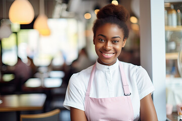 Obraz premium Portrait of a happy and smiling black female waiter, or small business owner in the coffee shop.