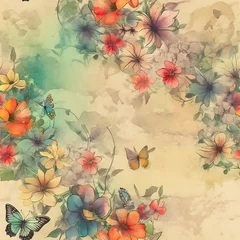Fotobehang Grunge vlinders vintage grunge paper, spring flowers and butterflies frame, watercolours,
