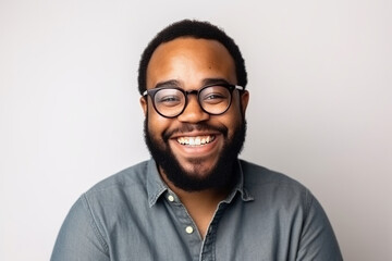 Fototapeta premium A beaming Black man with glasses, photographed against a simple white background.