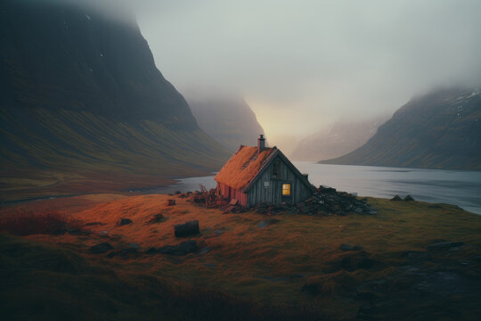 Cabin in the evening light in the cloudy mountains