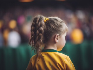 Little girl in a stadium, view from behind