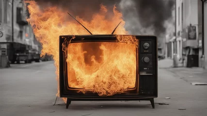 Foto op Plexiglas On a gray, colorless street stands an antique TV set with an antenna on fire with smoke © Mikalai